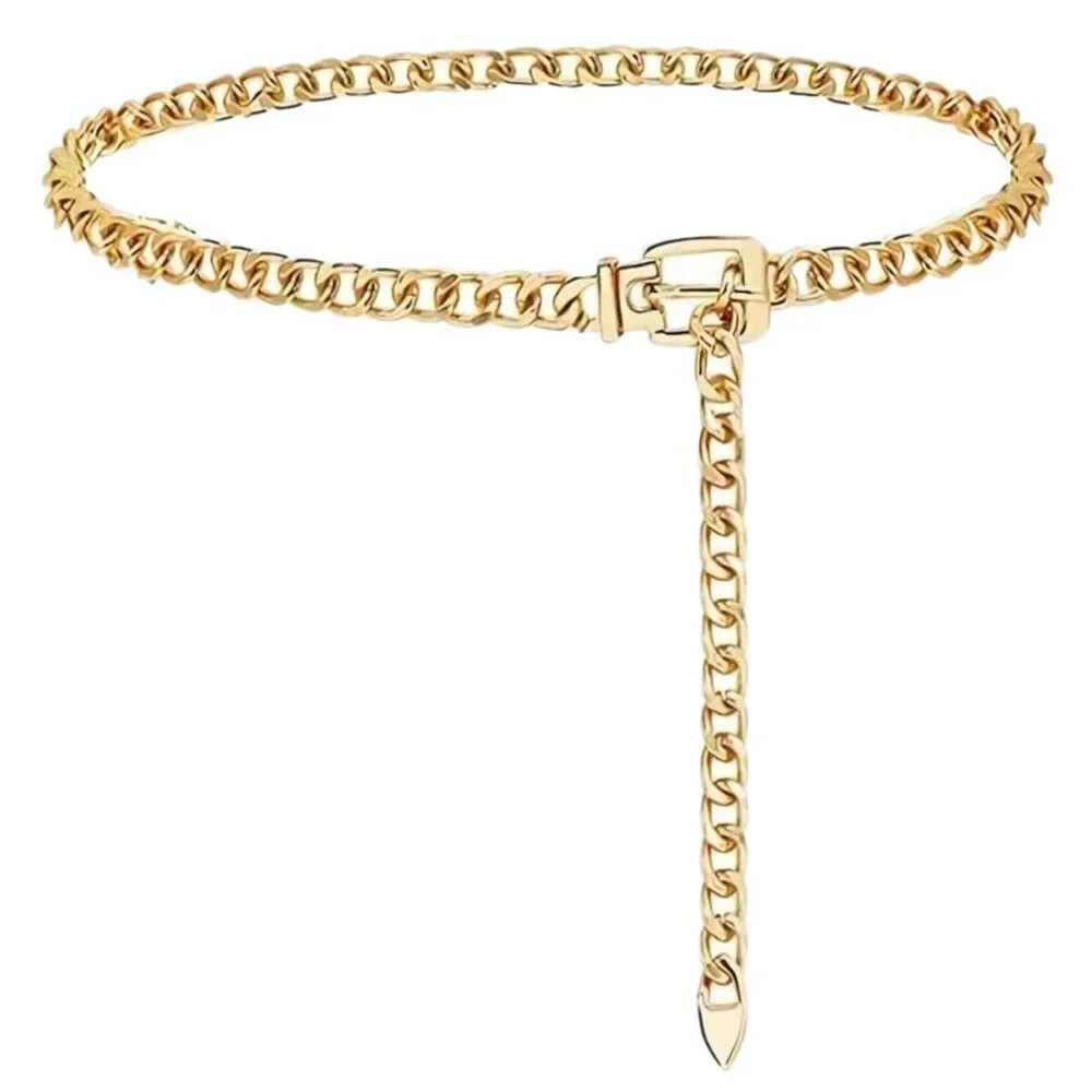 Gold Chain Link With Buckle Closure, Adjustable Fashion Waist Chain Size S M L - Picture 1 of 9